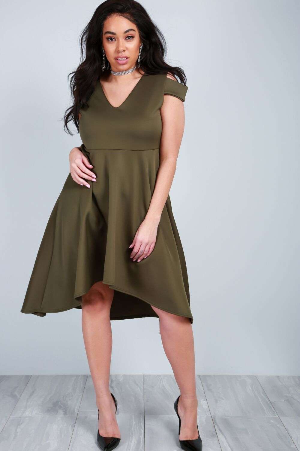 Sara Cold Shoulder Midi Swing Dress - bejealous-com