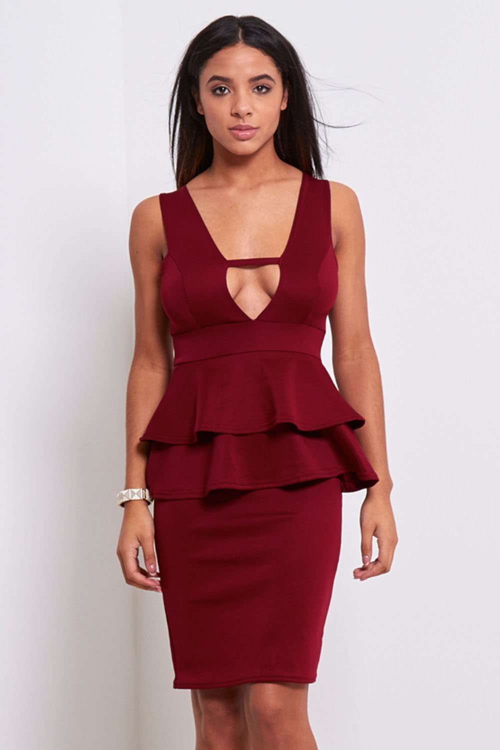 Sarah Plunge Neck Peplum Frill Bodycon - bejealous-com