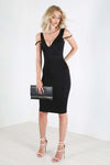 Sherry Black Strappy Bardot Midi Bodycon Dress - bejealous-com