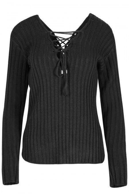 Shyla Plunge Neck Lace Up Knitted Jumper - bejealous-com