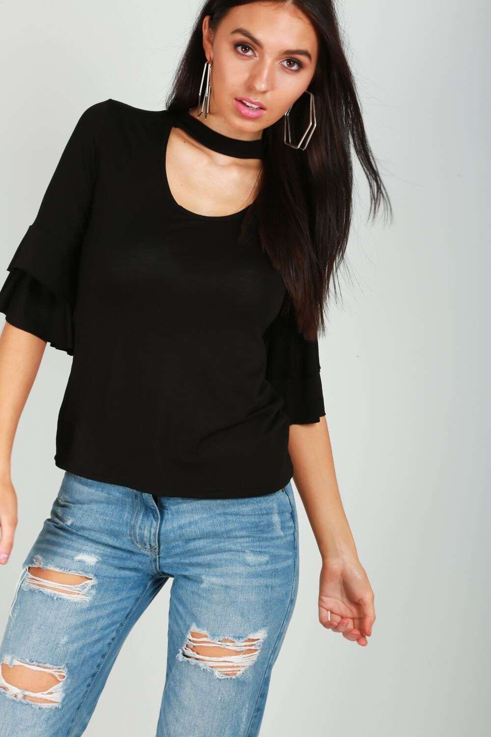 Sienna Choker Neck Jersey Flare Sleeve Top - bejealous-com
