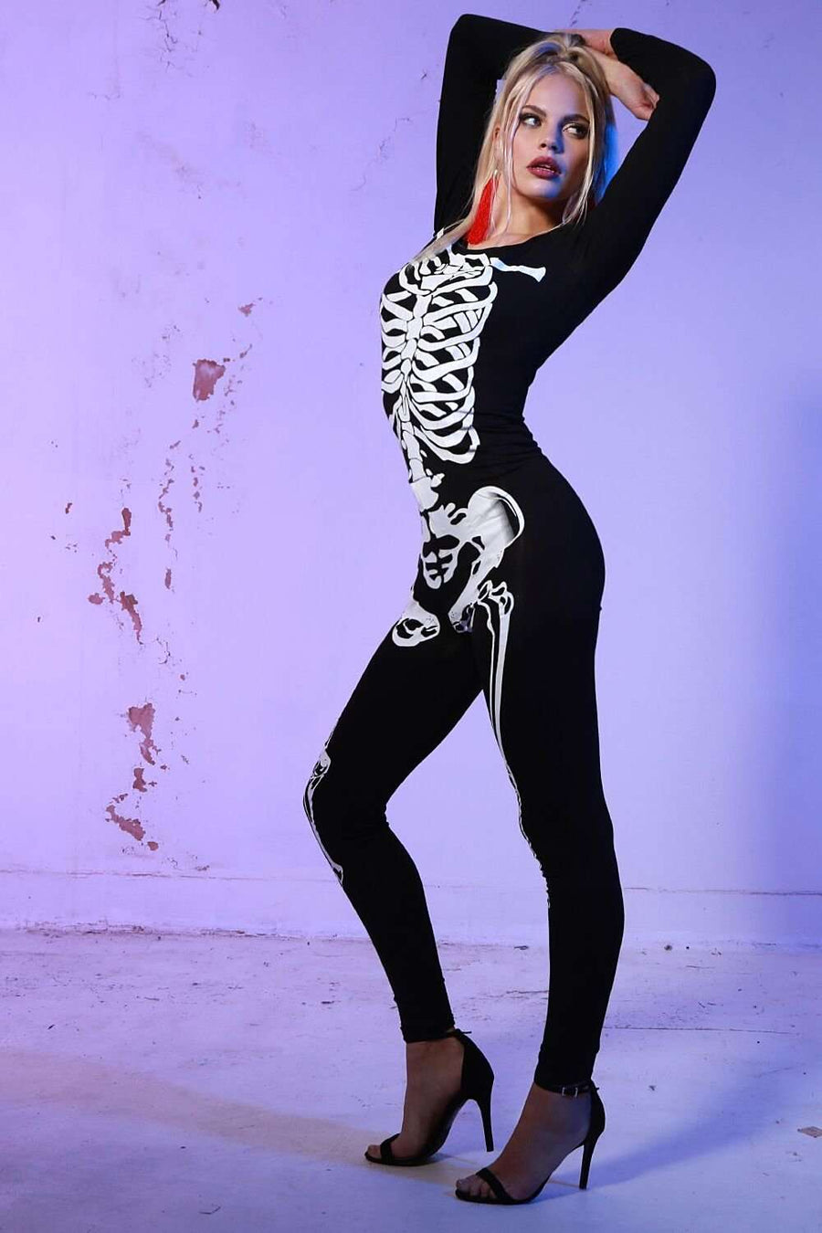 Skeleton Graphic Print Halloween Jumpsuit - bejealous-com