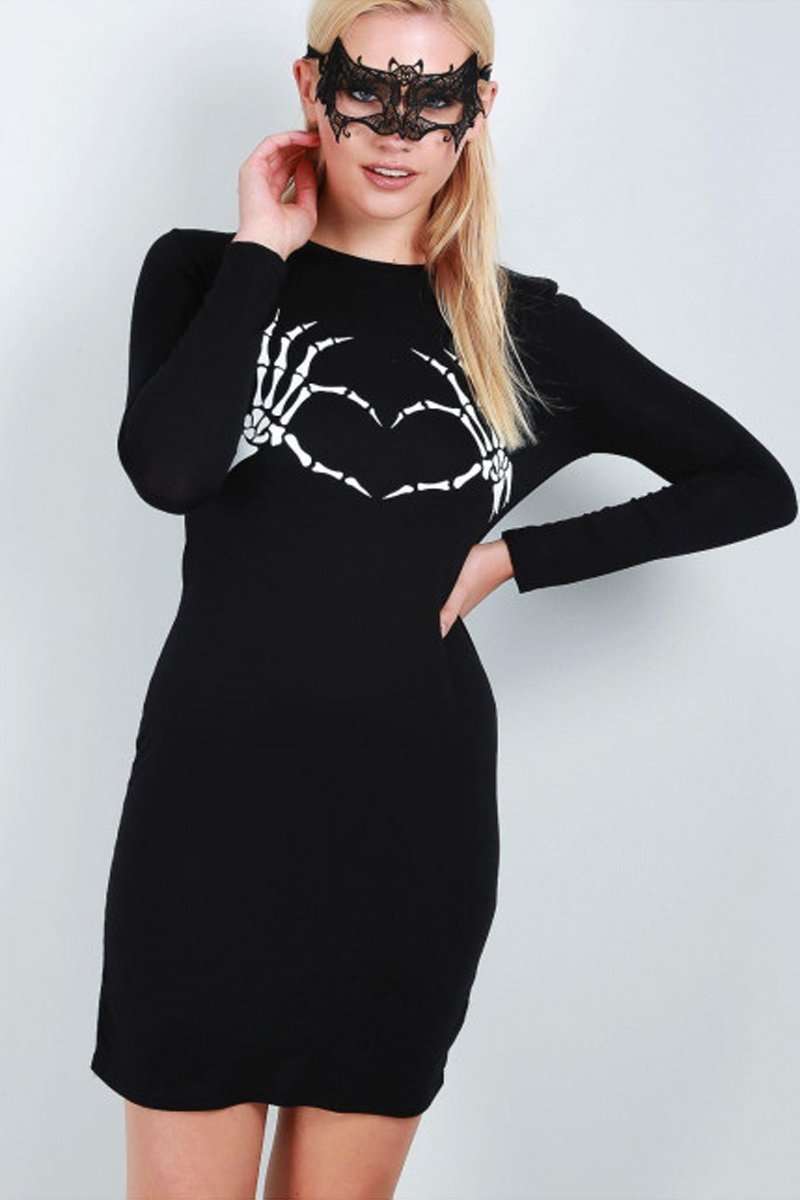 Skeleton Print Halloween Bodycon Dress - bejealous-com