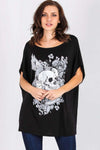 Skull Graphic Print Black Oversized Off Shoulder Tshirt - bejealous-com