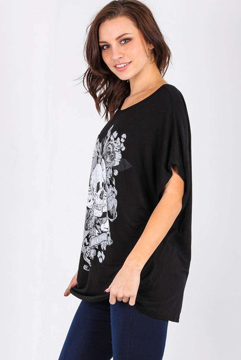 Skull Graphic Print Black Oversized Off Shoulder Tshirt - bejealous-com