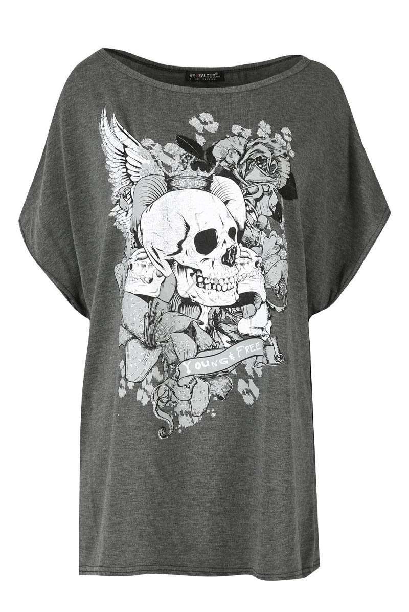 Skull Graphic Print Black Oversized Off Shoulder Tshirt - bejealous-com