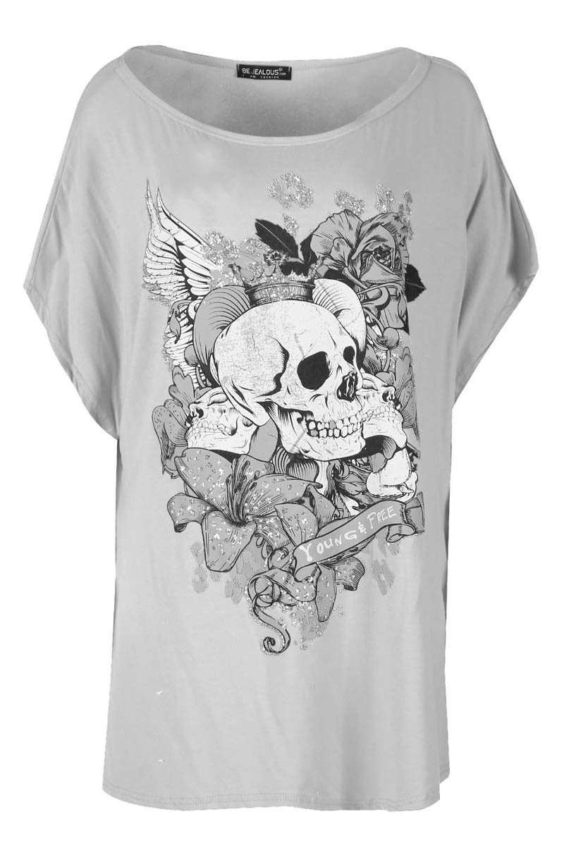 Skull Graphic Print Black Oversized Off Shoulder Tshirt - bejealous-com