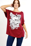 Skull Graphic Print Red Oversized Off Shoulder Tshirt - bejealous-com