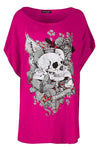 Skull Graphic Print Red Oversized Off Shoulder Tshirt - bejealous-com
