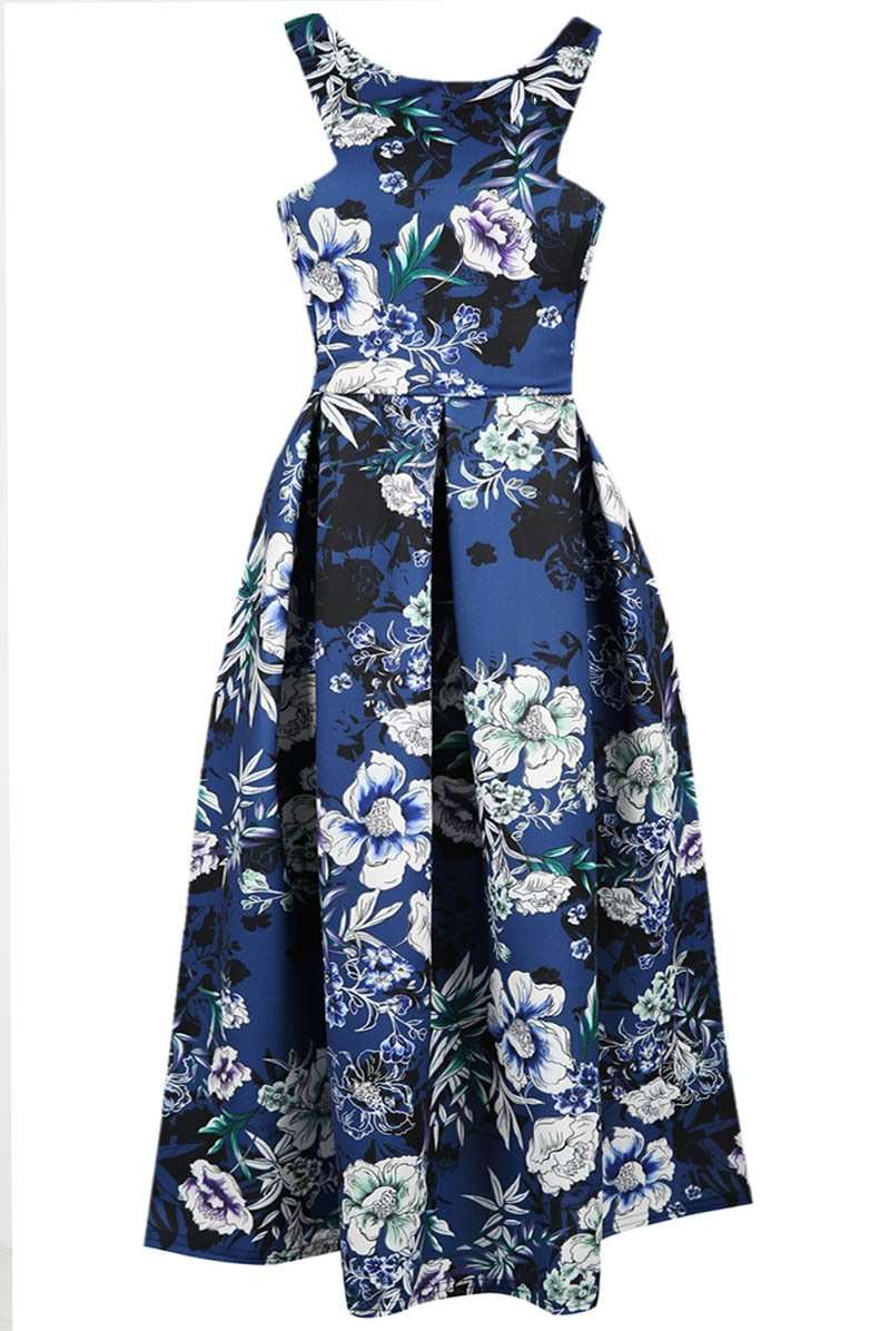 Sleeveless Floral Print Midi Skater Dress - bejealous-com