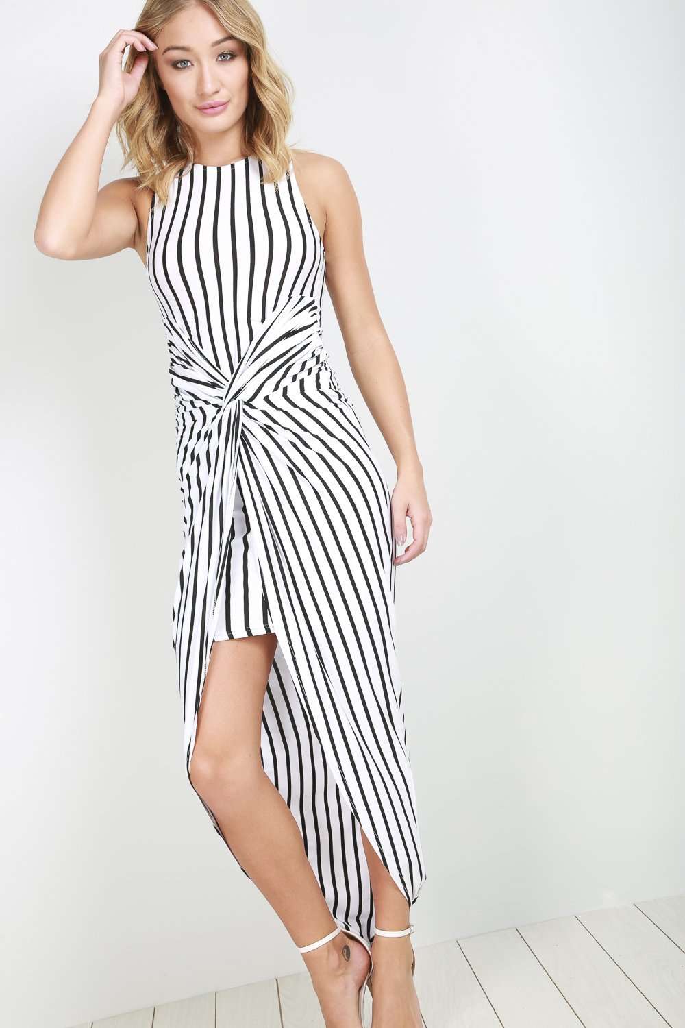 Sleeveless Monochrome Striped Twisted Maxi Dress - bejealous-com