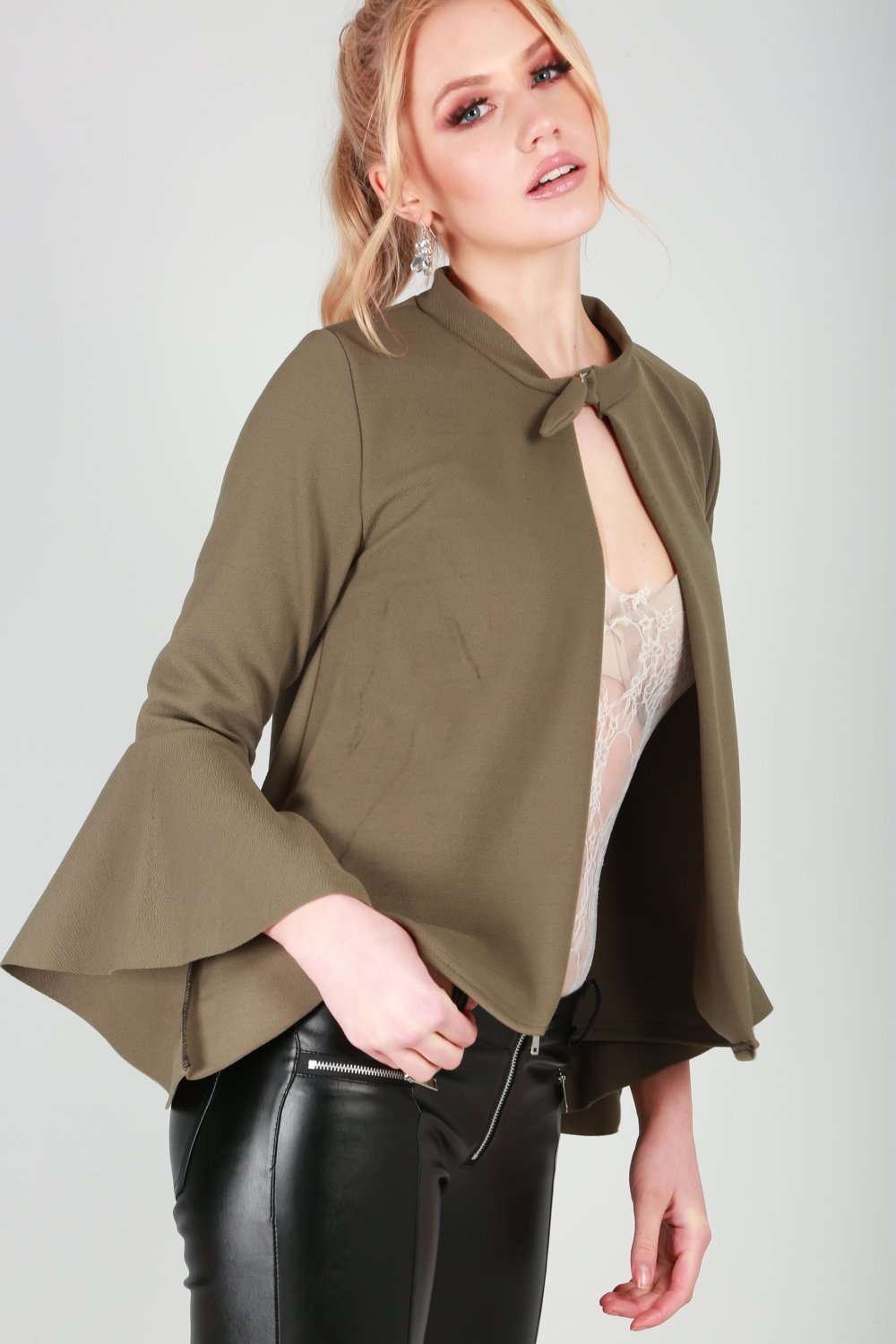 Sophia Flare Sleeve Choker Neck Open Front Jacket - bejealous-com