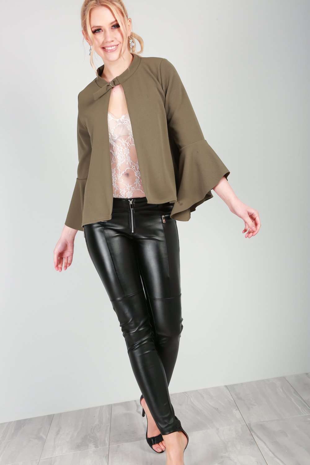 Sophia Flare Sleeve Choker Neck Open Front Jacket - bejealous-com