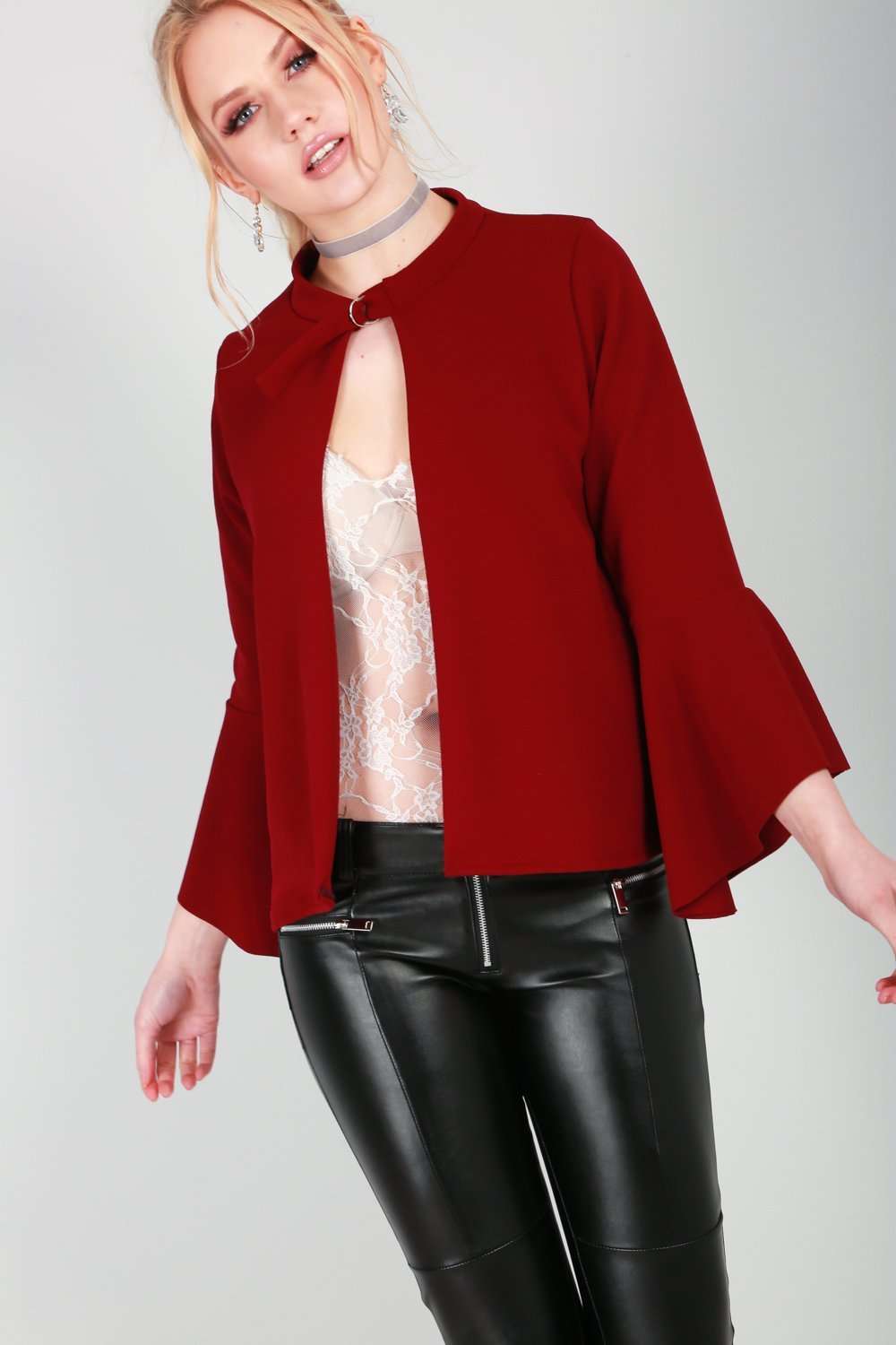 Sophia Flare Sleeve Choker Neck Open Front Jacket - bejealous-com