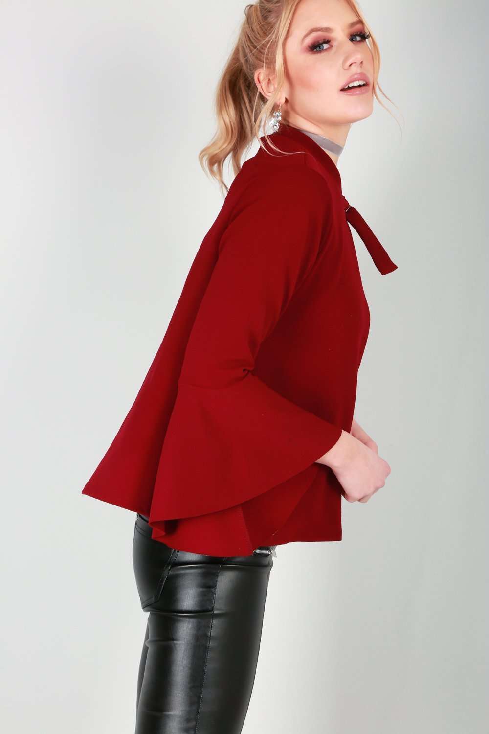 Sophia Flare Sleeve Choker Neck Open Front Jacket - bejealous-com