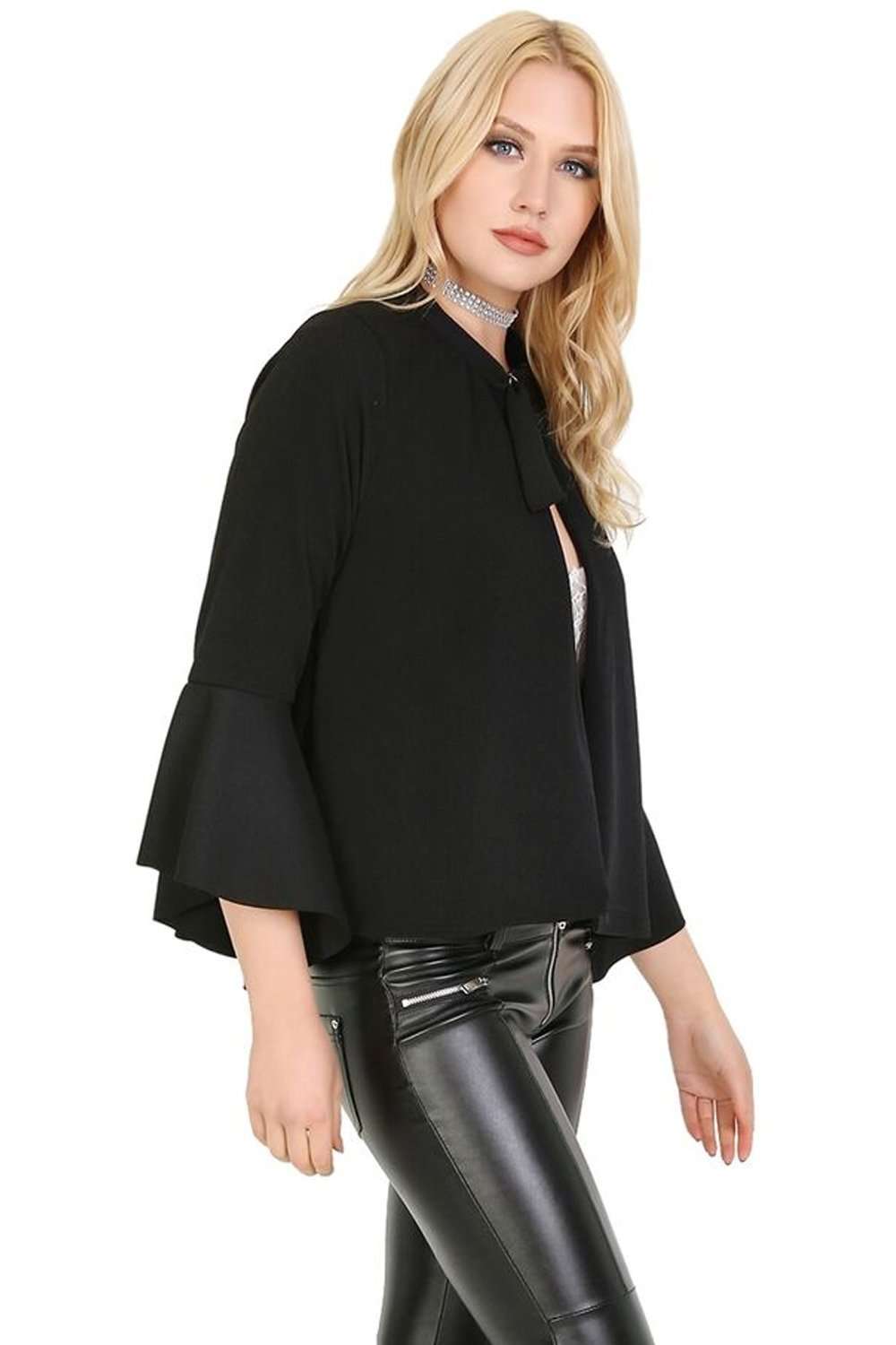 Sophia Flare Sleeve Choker Neck Open Front Jacket - bejealous-com