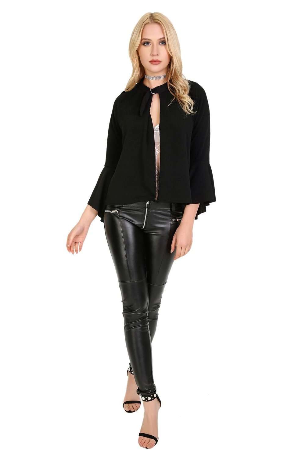 Sophia Flare Sleeve Choker Neck Open Front Jacket - bejealous-com