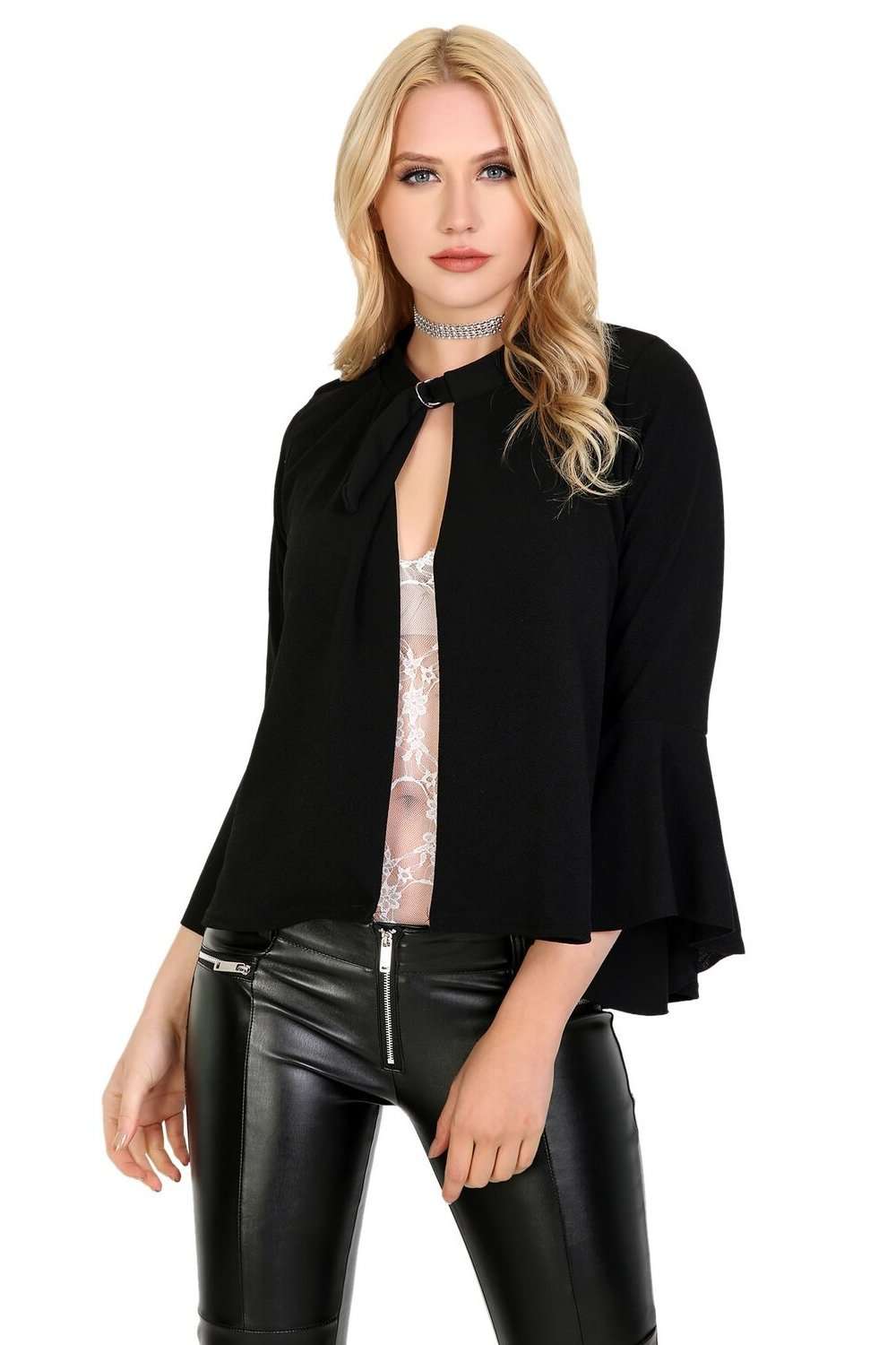 Sophia Flare Sleeve Choker Neck Open Front Jacket - bejealous-com