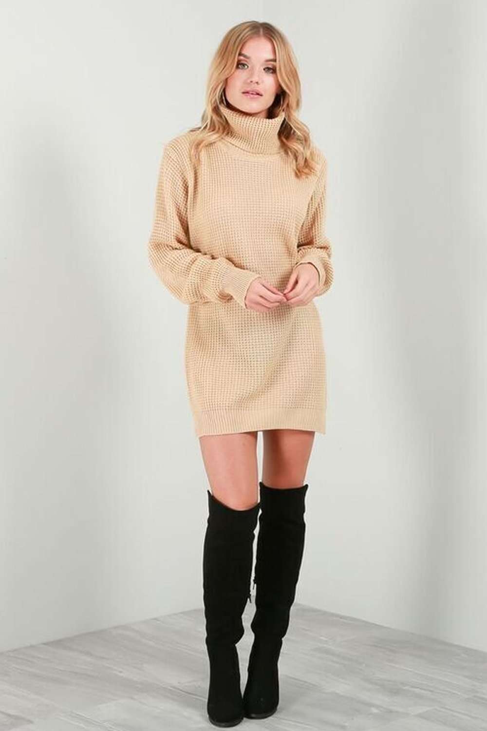 Sophia Long Sleeve Roll Neck Oversized Knitted Dress - bejealous-com