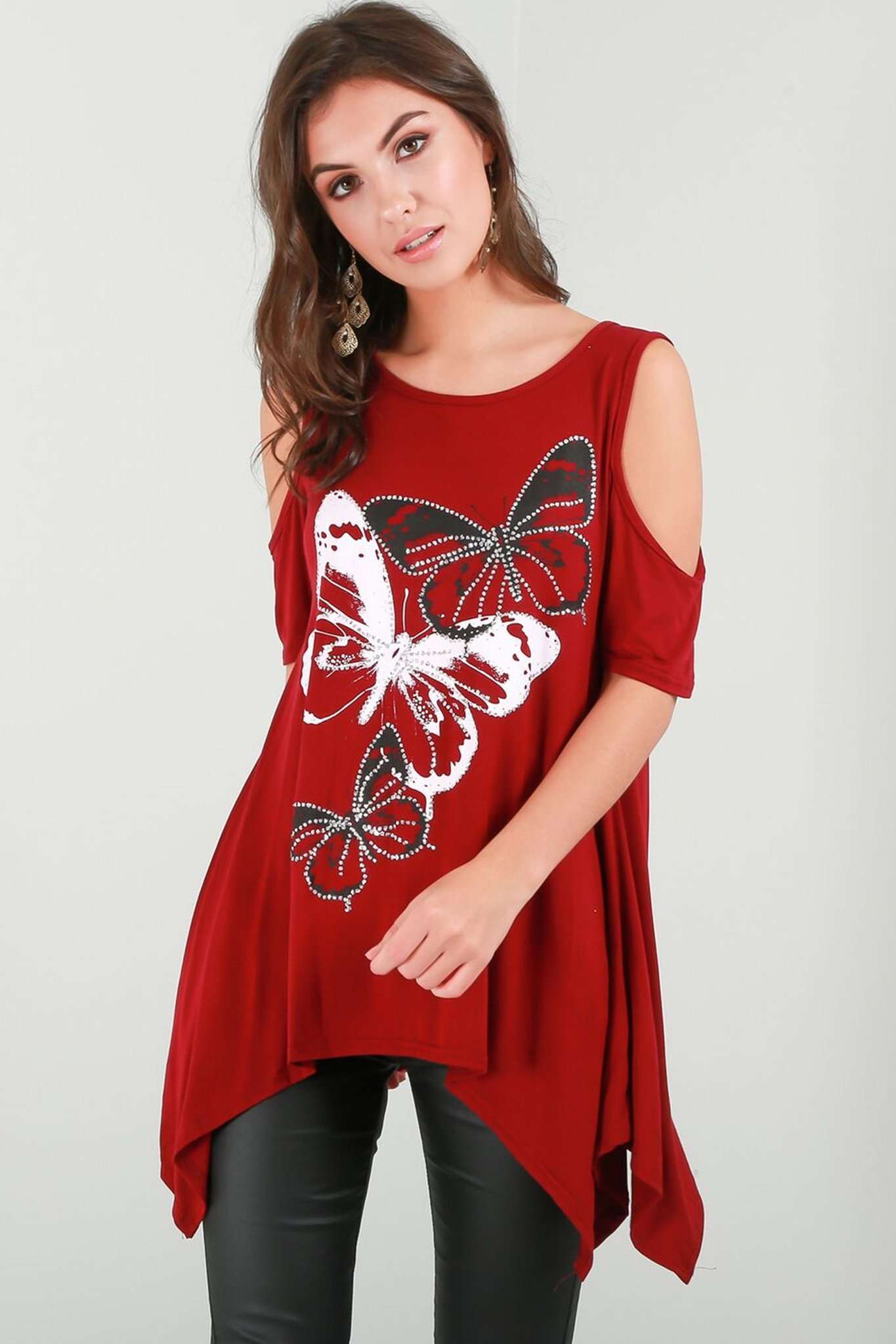 Cold Shoulder Butterfly Print Hanky Hem Top - bejealous-com