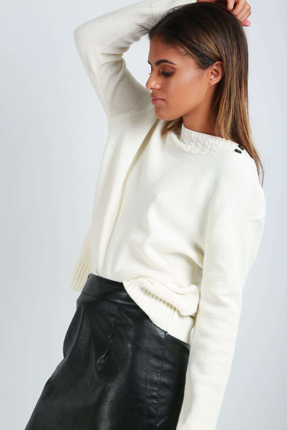 Sophie Long Sleeve Button Neck Cable Knitted Jumper - bejealous-com