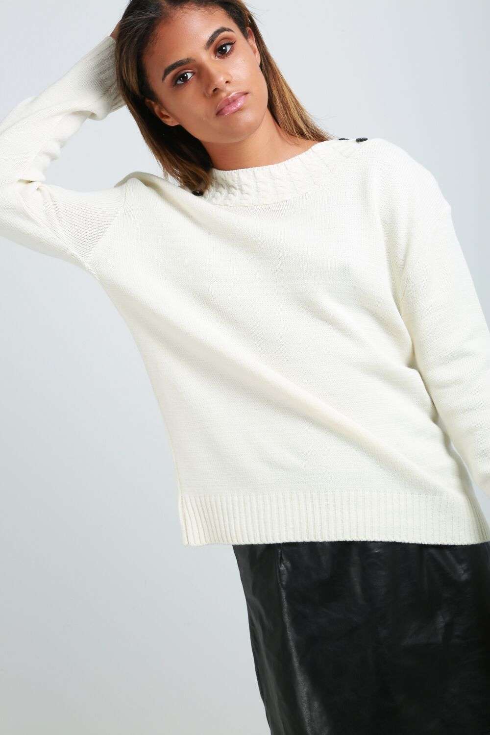Sophie Long Sleeve Button Neck Cable Knitted Jumper - bejealous-com