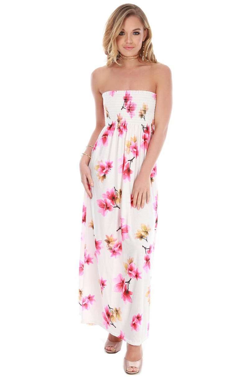Strapless Bandeau Cream Floral Maxi Dress - bejealous-com