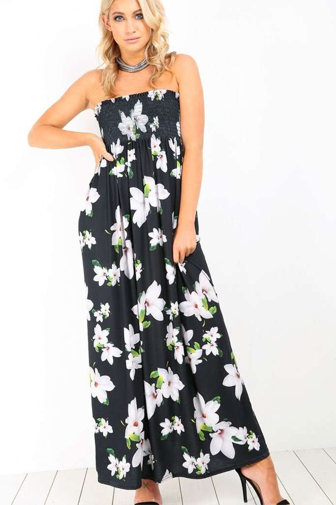 Strapless Bandeau Cream Floral Maxi Dress - bejealous-com