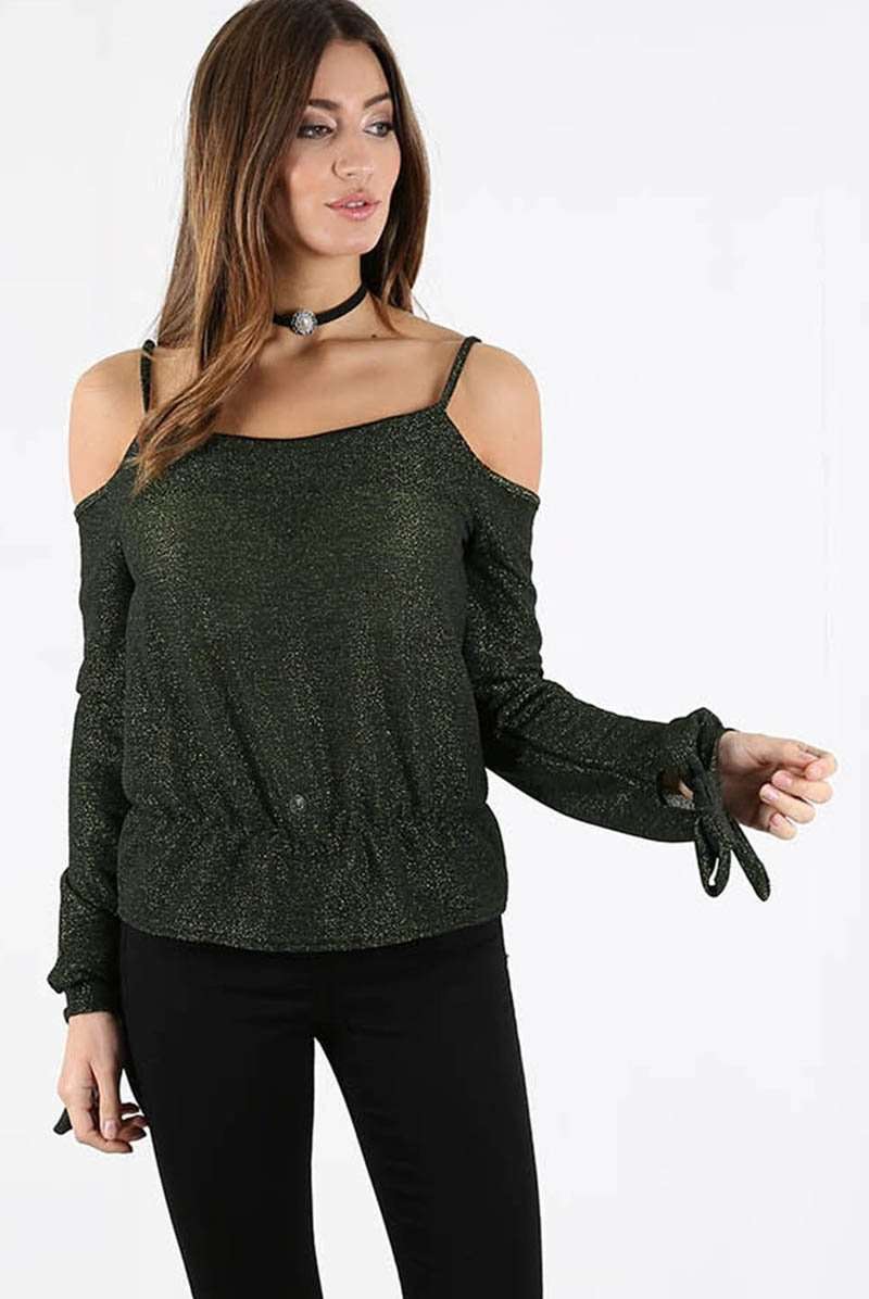 Strappy Cold Shoulder Tie Sleeve Glittery Top - bejealous-com