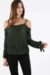 Strappy Cold Shoulder Tie Sleeve Glittery Top - bejealous-com