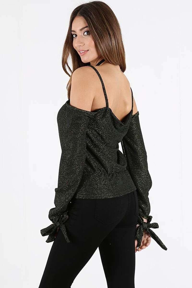 Strappy Cold Shoulder Tie Sleeve Glittery Top - bejealous-com