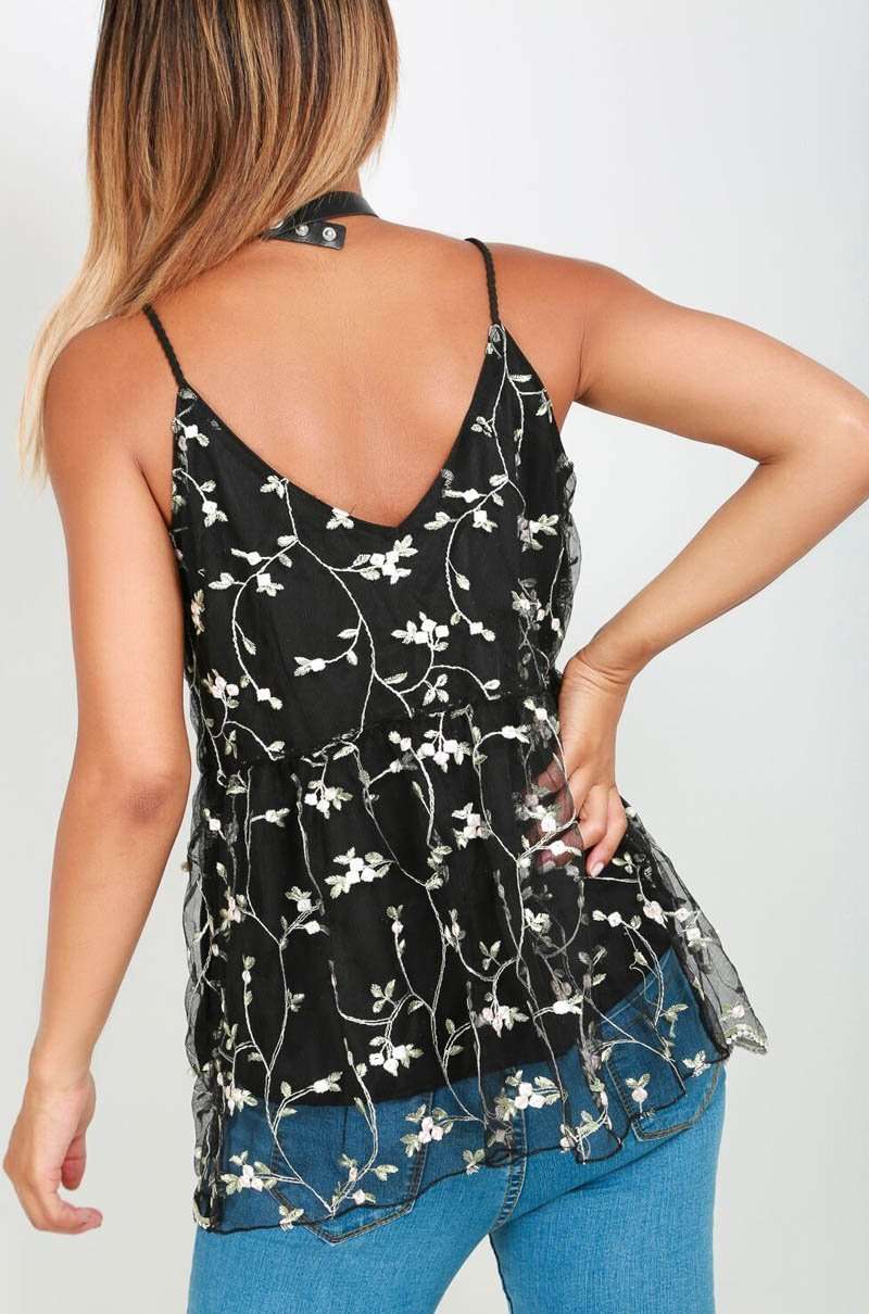 Strappy Floral Embroidered Black Chiffon Top - bejealous-com