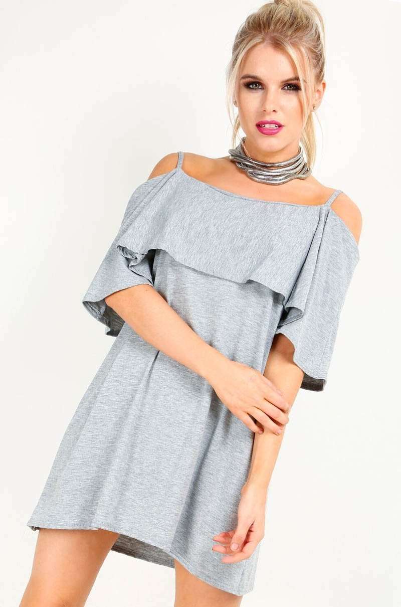 Strappy Frill Cold Shoulder Jersey Swing Dress - bejealous-com