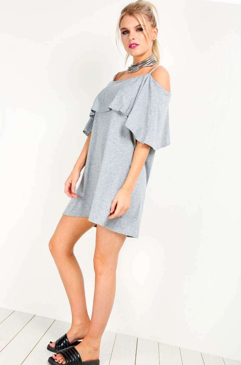 Strappy Frill Cold Shoulder Jersey Swing Dress - bejealous-com