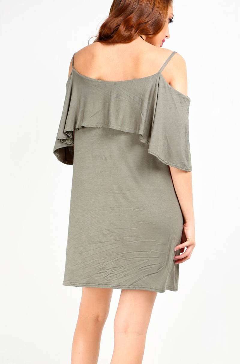 Strappy Frill Cold Shoulder Jersey Swing Dress - bejealous-com