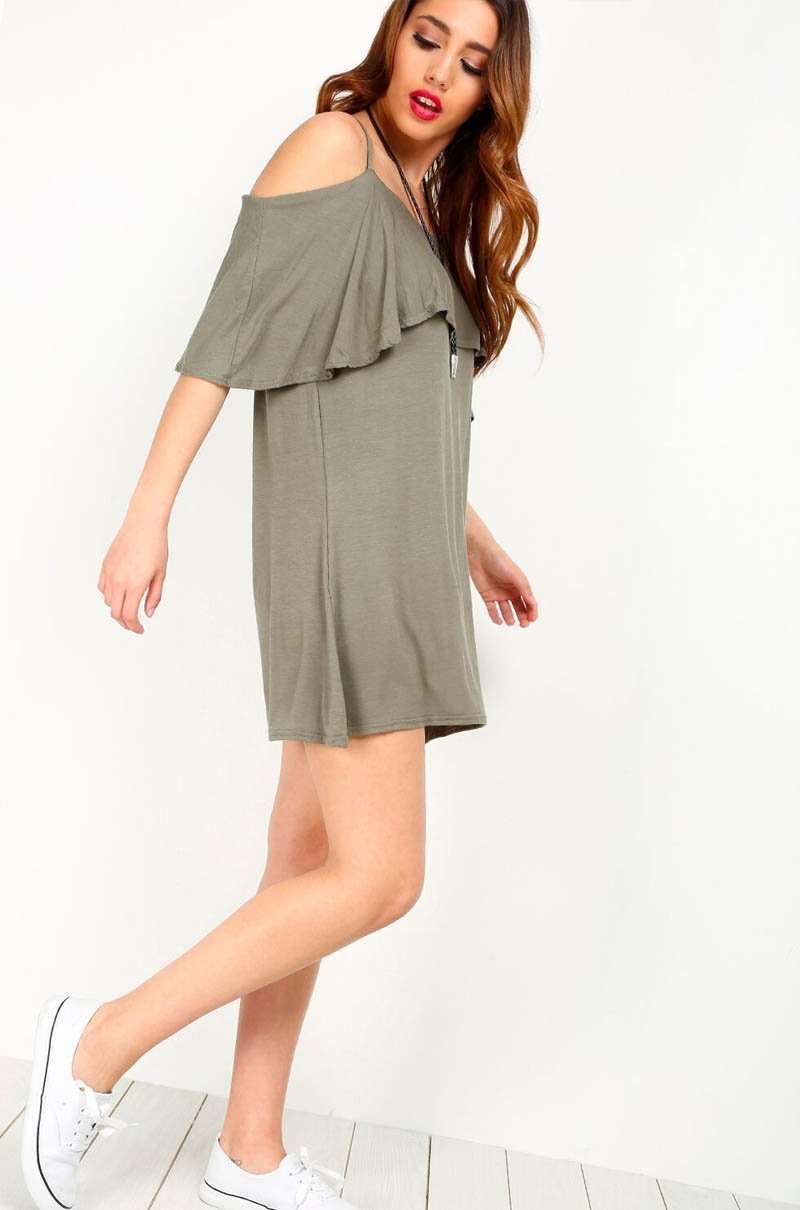 Strappy Frill Cold Shoulder Jersey Swing Dress - bejealous-com