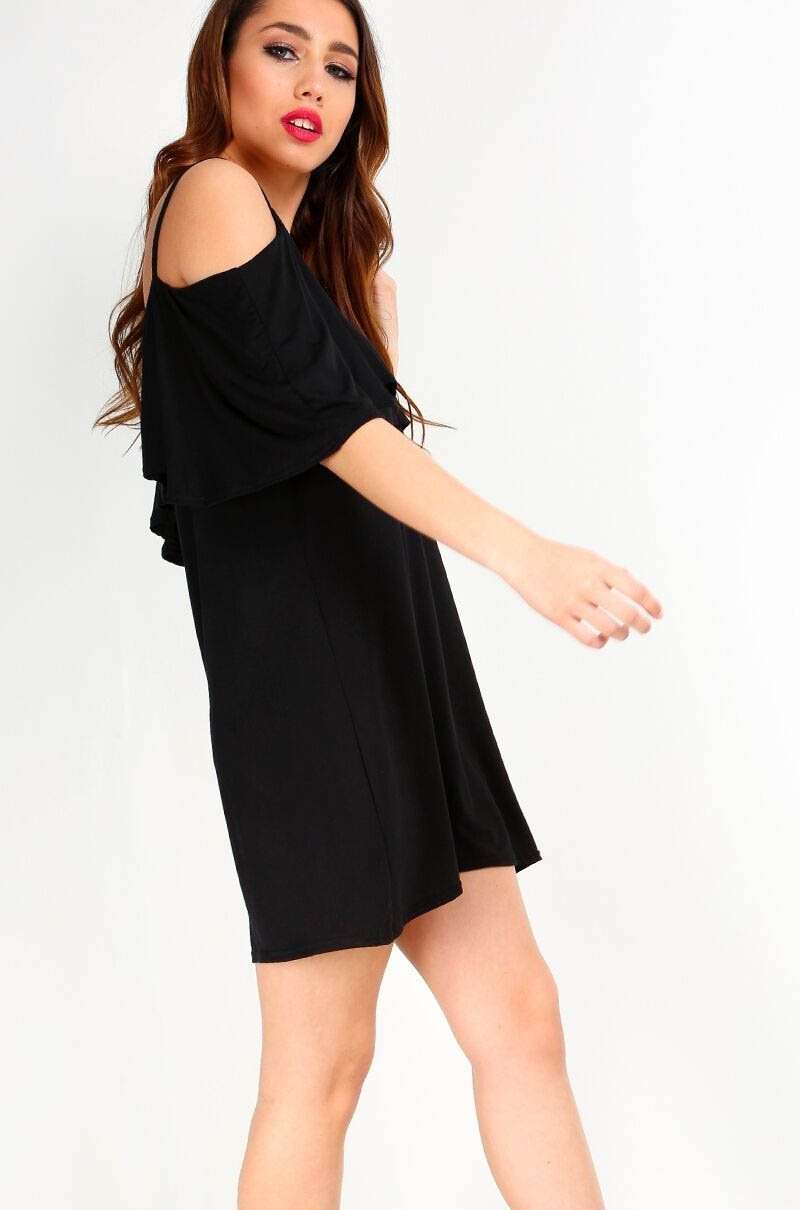 Strappy Frill Cold Shoulder Jersey Swing Dress - bejealous-com