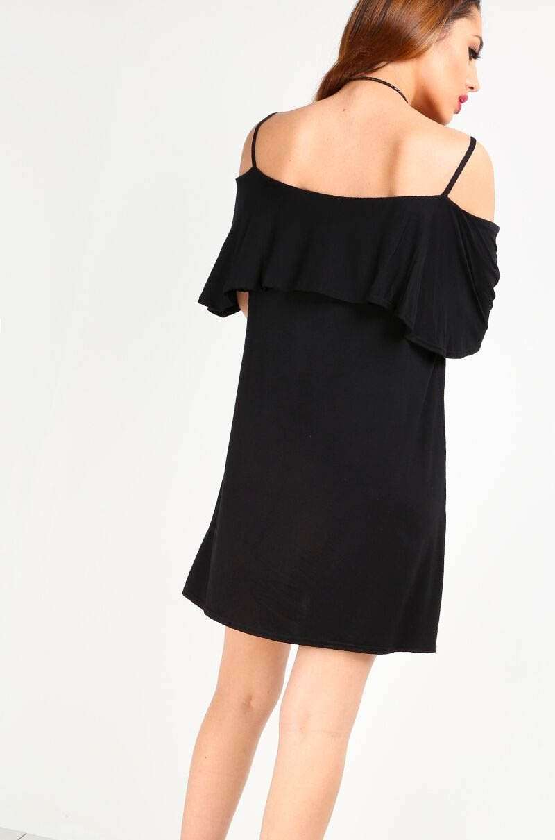 Strappy Frill Cold Shoulder Jersey Swing Dress - bejealous-com
