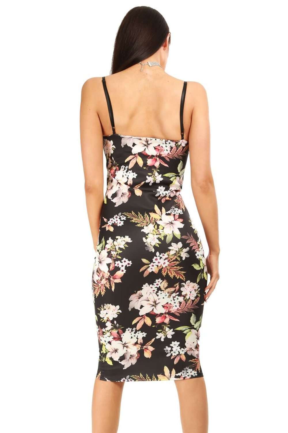 Strappy Plunge Neck Floral Bodycon Midi Dress - bejealous-com