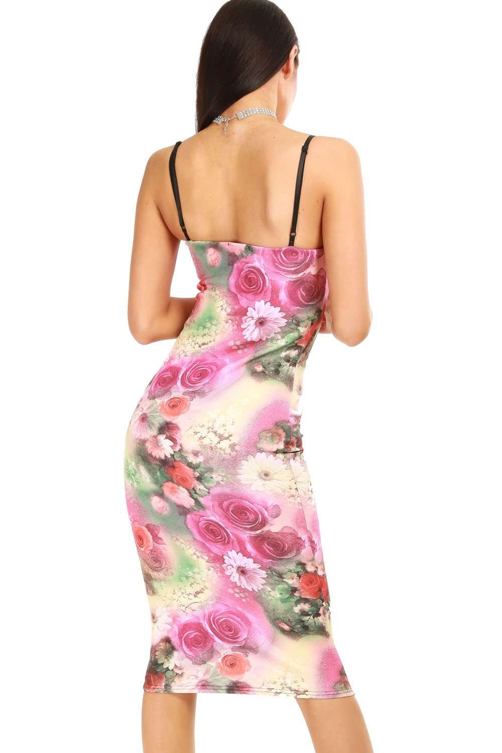Strappy Plunge Neck Floral Bodycon Midi Dress - bejealous-com