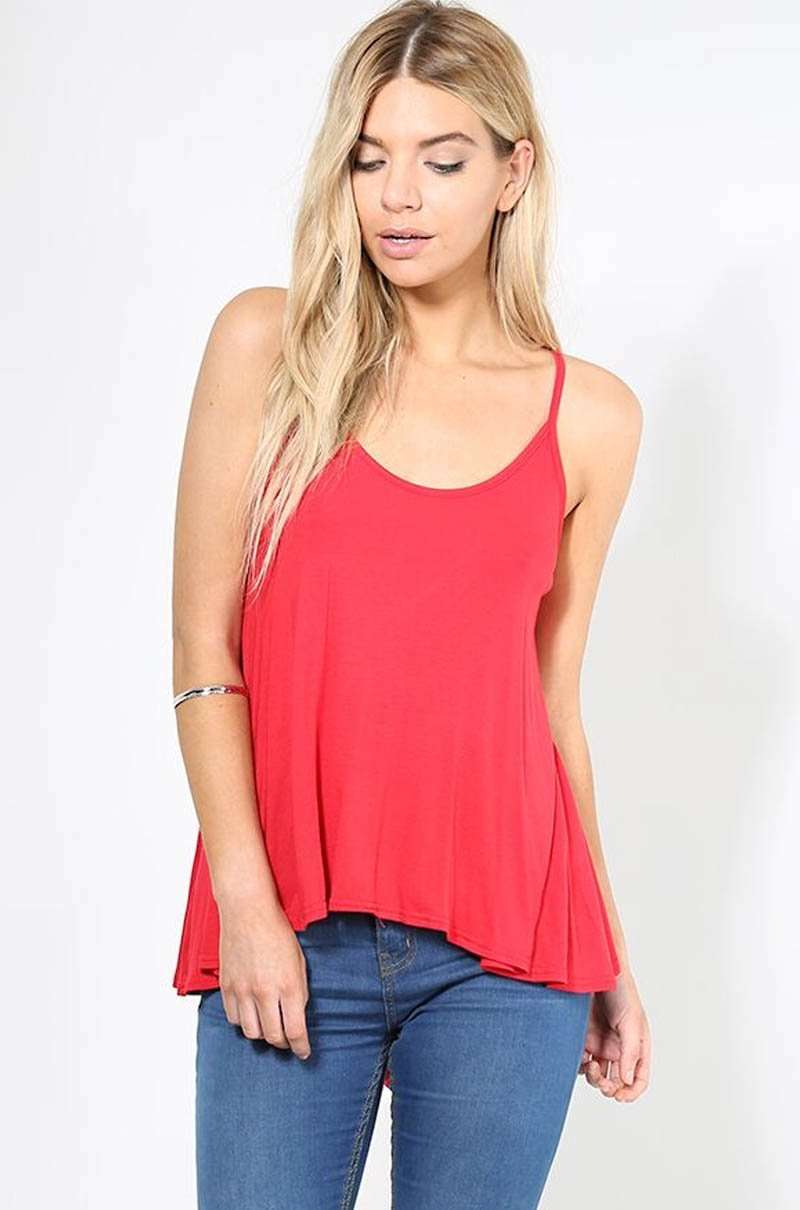 Strappy Red Tie Back Basic Jersey Cami Top - bejealous-com