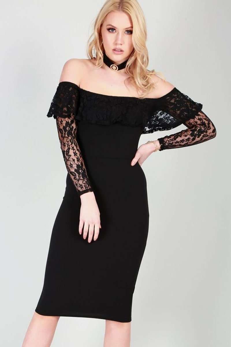 Talia Cold Shoulder Lace Sleeves Midi Dress - bejealous-com