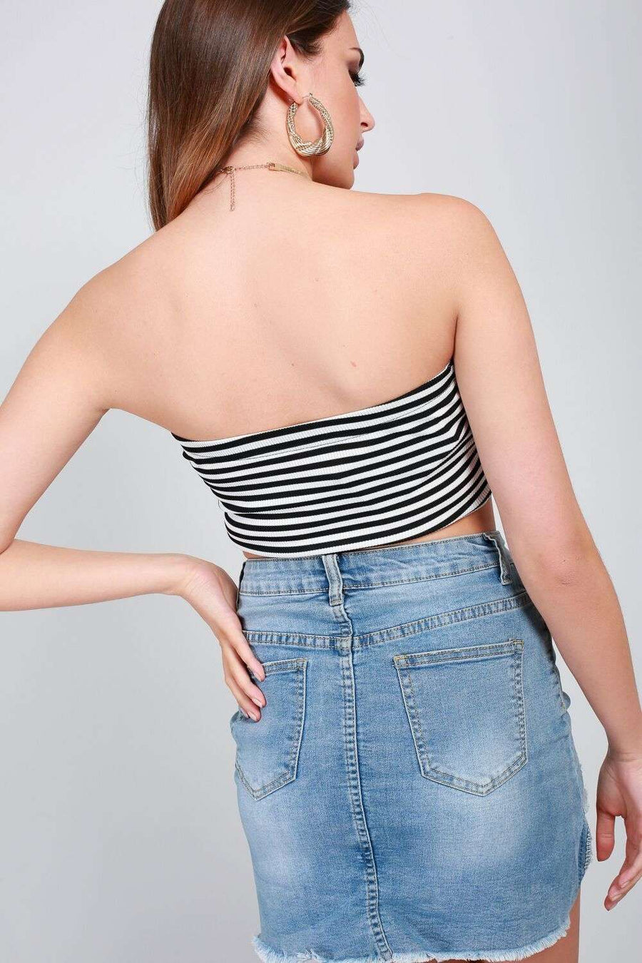 Taya Bandeau Monochrome Striped Crop Top - bejealous-com