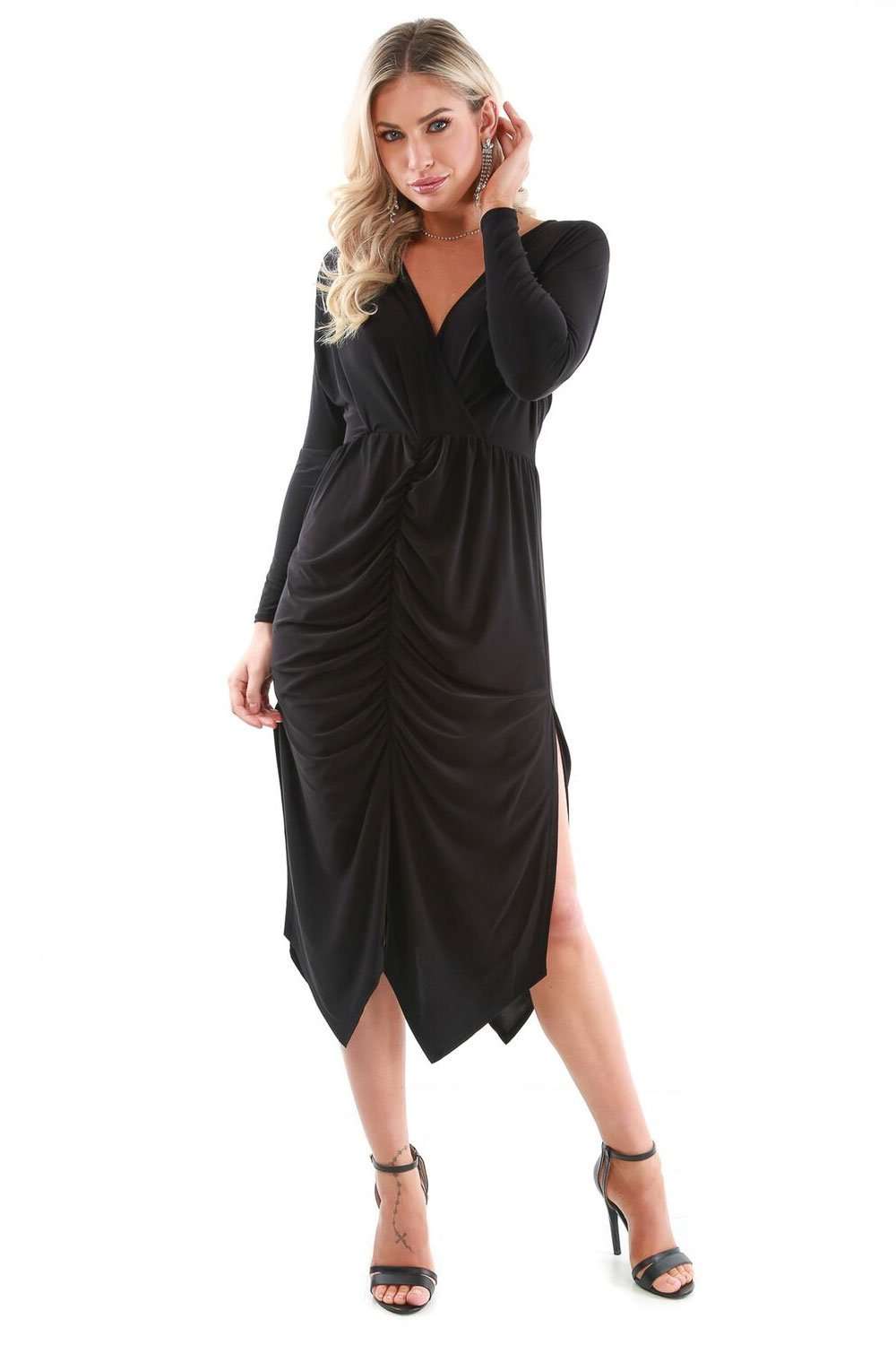 Thea Long Sleeve Draped Midi Dress - bejealous-com