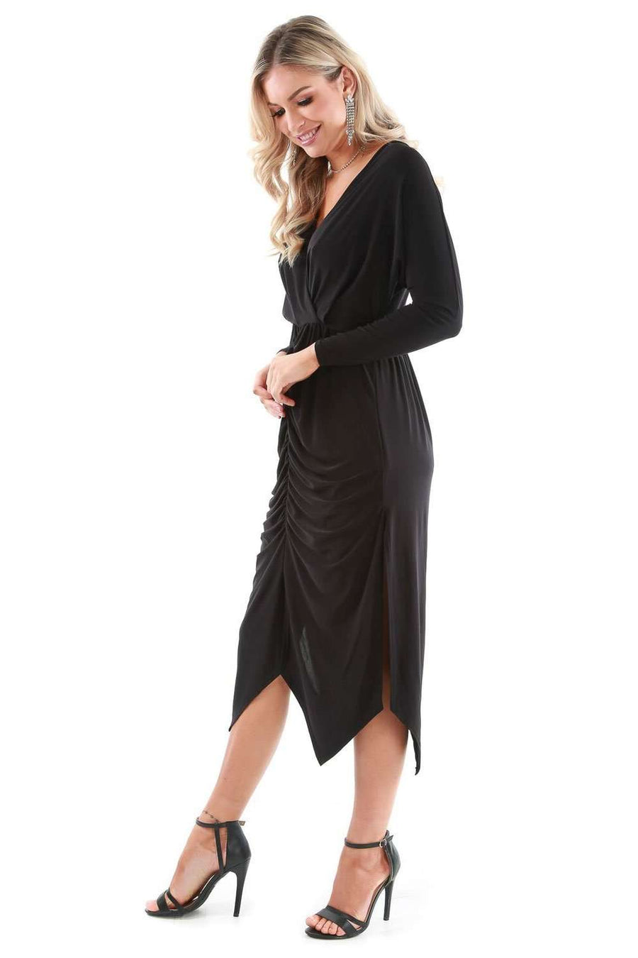 Thea Long Sleeve Draped Midi Dress - bejealous-com