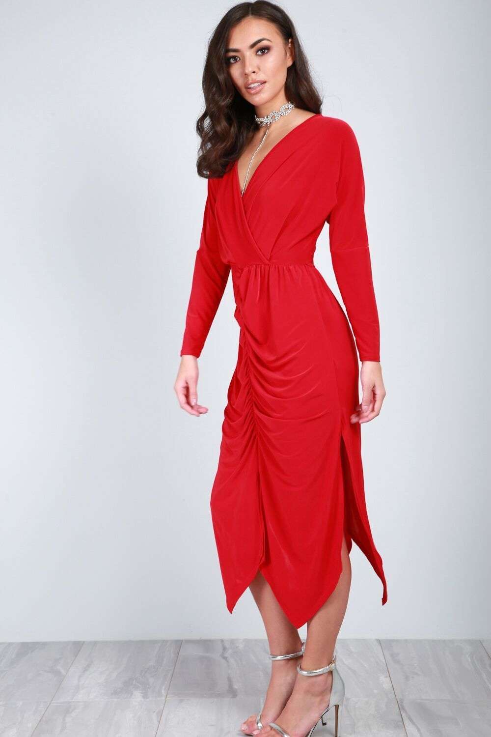 Thea Long Sleeve Draped Midi Dress - bejealous-com
