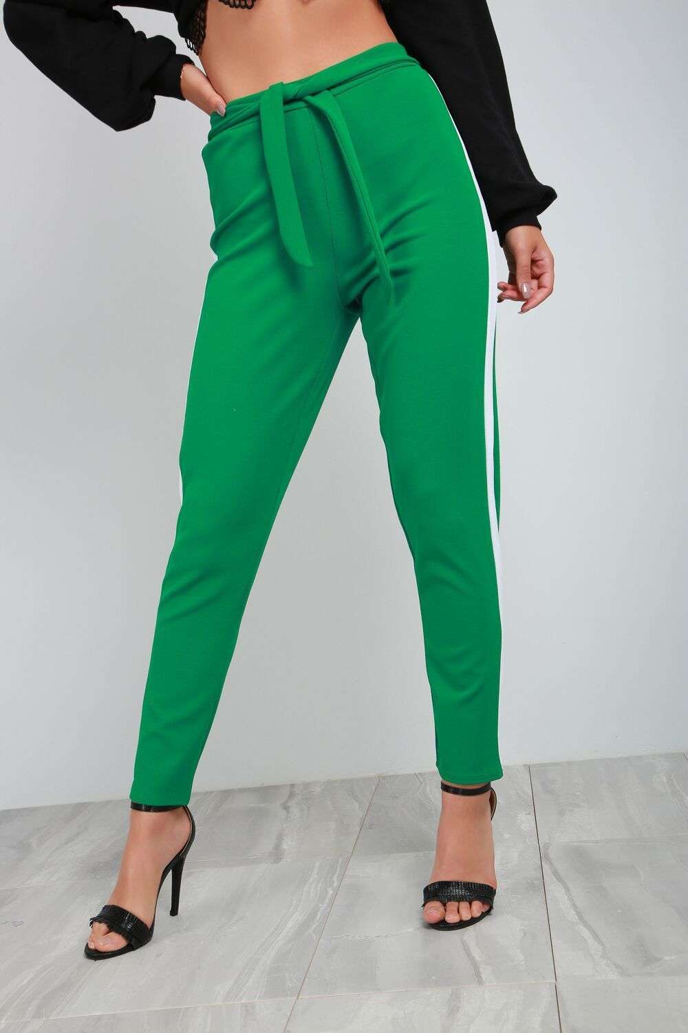 Blue Sporty Stripe High Waist Belted Trousers - bejealous-com