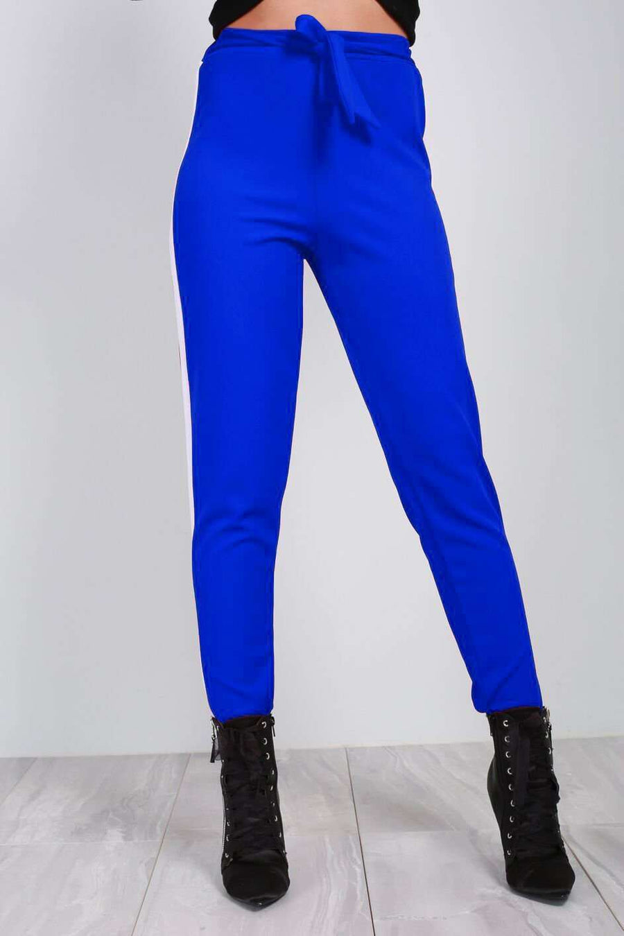 Blue Sporty Stripe High Waist Belted Trousers - bejealous-com