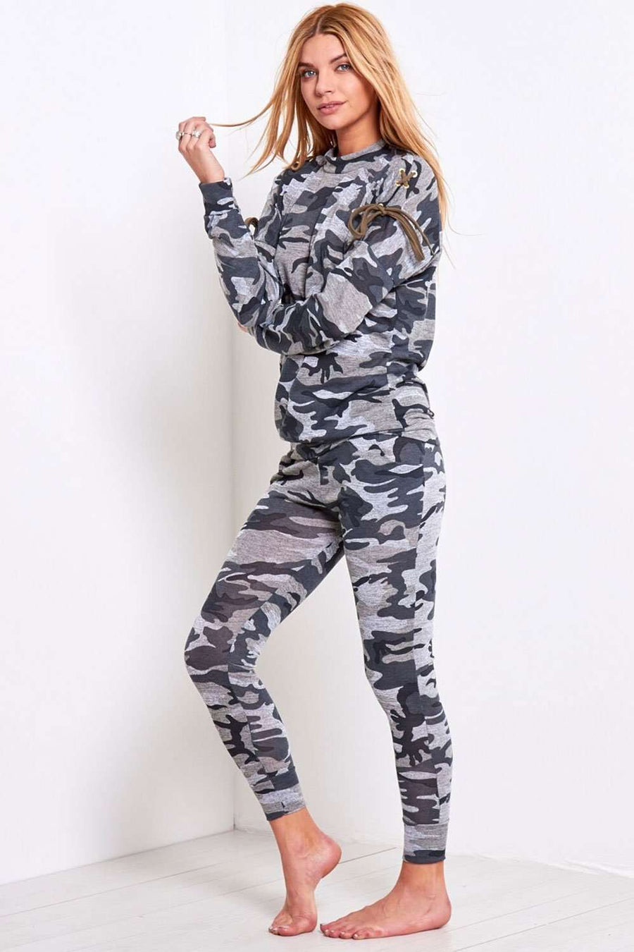 Vanessa Lace Up Camo Print Lounge Set - bejealous-com