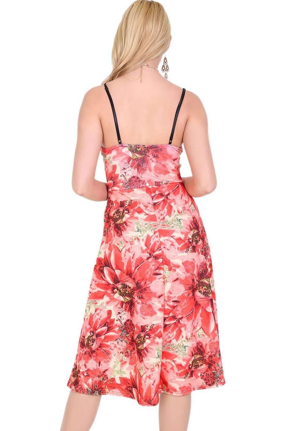 Veronica Strappy Red Floral Midi Swing Dress - bejealous-com